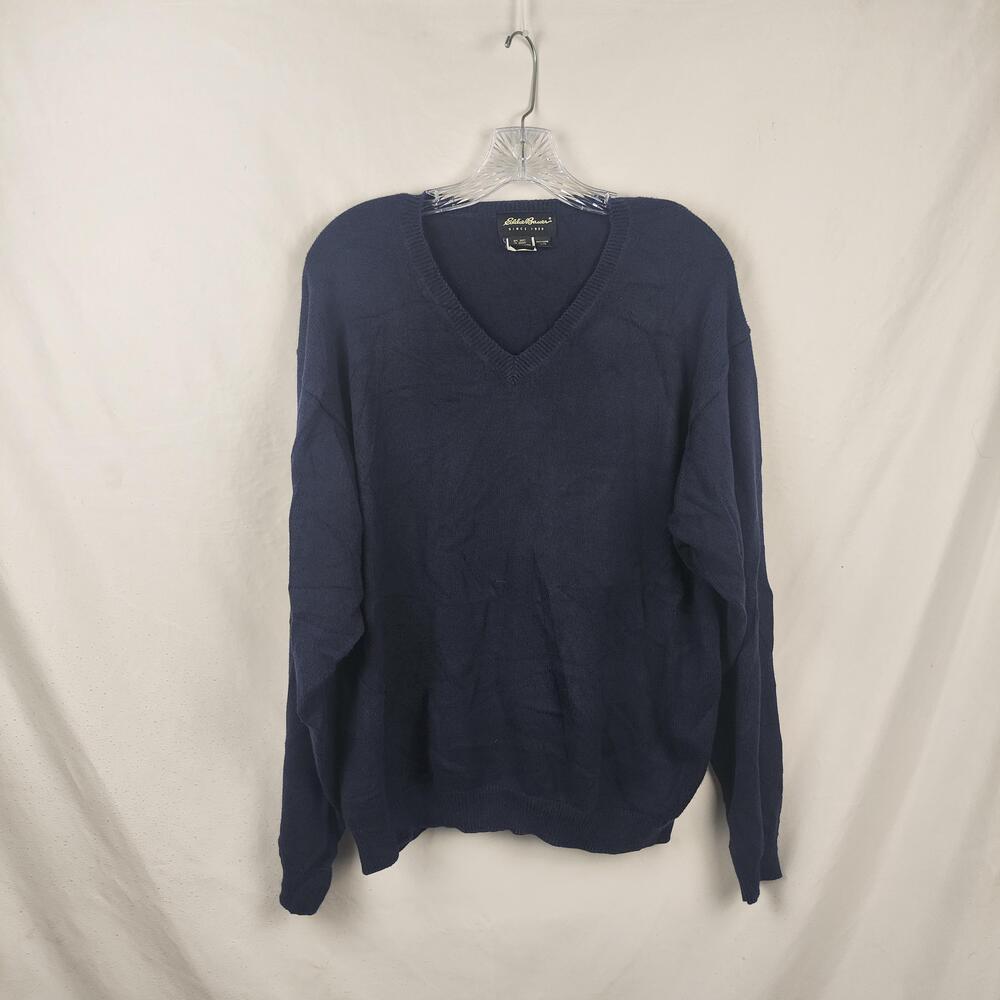 Eddie Bauer Sweater Mens Large Blue V Neck Cotton Knit Pullover Classic Solid
